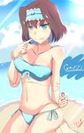  beach bikini black_hair blue_eyes blue_hair blush bow doll_joints finger_to_mouth garie_tuman hairband multicolored_hair navel ocean riichi_(yamataku0) senki_zesshou_symphogear sharp_teeth short_hair side-tie_bikini smile solo swimsuit teeth 