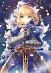  ahoge armor armored_dress artoria_pendragon_(all) blonde_hair caliburn dress fate/stay_night fate_(series) flower gauntlets green_eyes hair_ribbon highres lily_(flower) planted_sword planted_weapon ribbon saber solo sword weapon zenyu 