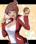  ;d asahina_aoi blue_eyes breasts brown_hair cleavage danganronpa danganronpa_1 doughnut food hair_ornament hairclip jacket large_breasts long_hair omagu one_eye_closed open_clothes open_jacket open_mouth ponytail smile tan track_jacket 