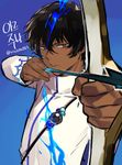  arjuna_(fate/grand_order) arrow blue_fire bow_(weapon) brown_hair dark_skin dark_skinned_male drawing_bow fate/grand_order fate_(series) fire holding holding_arrow holding_bow_(weapon) holding_weapon korean male_focus nishita solo weapon 