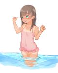  arms_up blush brown_hair child covered_navel fang green_eyes highres long_hair megane_chuu one-piece_swimsuit open_mouth original pink_swimsuit simple_background solo swimsuit tan tanline wading water wet white_background 
