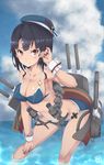 bikini black_hair breasts cleavage day hat highres kantai_collection large_breasts mku red_eyes short_hair swimsuit takao_(kantai_collection) weapon wrist_cuffs 