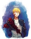  amputee blonde_hair blood closed_eyes fate/stay_night fate_(series) flower gilgamesh male_focus nishita red_flower red_rose rose solo 