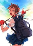  backpack bag blue_sailor_collar brown_eyes brown_hair cowboy_shot ekubo_(ciaobero) fingerless_gloves from_behind gloves headband kasugano_sakura looking_back pleated_skirt pointing sailor_collar school_uniform serafuku short_hair skirt solo street_fighter 