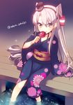  alternate_costume amatsukaze_(kantai_collection) brown_eyes candy_apple floral_print food hair_tubes headgear highres japanese_clothes kantai_collection kimono long_hair looking_at_viewer obi sash silver_hair sitting soaking_feet solo summer_festival tahya twitter_username two_side_up water yukata 