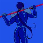  ass blue_hair bodysuit contrapposto facing_away fate/stay_night fate_(series) from_behind gae_bolg high_contrast j_(onjj) lancer male_focus polearm ponytail solo spear standing weapon 