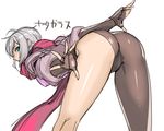  aqua_eyes ass asymmetrical_clothes asymmetrical_legwear bent_over bodysuit cowboy_shot fingerless_gloves from_behind gloves hattori_hanzo_uruka looking_back ninja red_scarf scarf short_hair silver_hair single_pantsleg skin_tight solo tetsu_(kimuchi) translated yatagarasu_(game) 