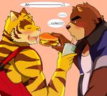 bear bearlovestiger13 beverage blush breath burger clothed clothing duo feline food juuichi_mikazuki male male/male mammal morenatsu soda standing surprise tiger torahiko_(morenatsu) 