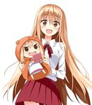  :d akeboshi_kagayo animal_costume bad_id bad_pixiv_id blonde_hair blush brown_eyes chibi commentary_request doma_umaru dual_persona hamster_costume handheld_game_console himouto!_umaru-chan hood komaru long_hair looking_at_viewer multiple_girls nintendo_3ds open_mouth playing_games school_uniform skirt smile thighhighs very_long_hair 