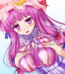  blue_bow blue_ribbon blush bow breast_suppress breasts crescent crescent_hair_ornament hair_ornament hair_ribbon hat hat_ribbon honda_takaharu large_breasts long_hair open_mouth patchouli_knowledge purple_eyes purple_hair red_bow red_ribbon ribbon solo touhou white_background 