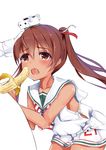  admiral_(kantai_collection) banana bare_shoulders brown_eyes brown_hair dark_skin dress food fruit hand_on_another's_head headgear henet_hene kantai_collection libeccio_(kantai_collection) open_mouth saliva saliva_trail sexually_suggestive simple_background tears twintails white_background white_dress 