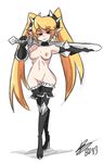  1girl bigdead93 blonde_hair breasts nipples pussy simple_background solo sword twintails uncensored weapon 