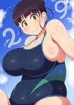  alternate_hairstyle black_hair blue_sky blush breasts brown_eyes bursting_breasts cleavage competition_swimsuit day hair_bun huge_breasts looking_at_viewer nikuko_(galko) number_pun one-piece_swimsuit oshiete!_galko-chan plump ponpo short_hair sideboob sky solo sweat swimsuit 