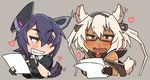  bare_shoulders blood blush chibi collar commentary_request dark_skin dog_tail eyebrows eyepatch fangs female_pervert fingerless_gloves glasses gloves hair_ears headgear heart kantai_collection mikoyan multiple_girls musashi_(kantai_collection) nosebleed orange_eyes pervert pointing pointy_hair purple_hair saliva short_hair sleeves_folded_up smirk tail tail_wagging tenryuu_(kantai_collection) thick_eyebrows two_side_up wavy_mouth white_hair yellow_eyes 