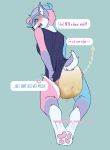  anthro babysp00ks biped black_nose blush canid canine clothing dialogue diaper embarrassed english_text fur hair looking_back mammal pawpads rear_view shirt simple_background speech_bubble teeth text tongue urine url watersports wet_diaper wetting 