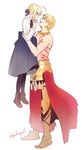  1girl armor artoria_pendragon_(all) blonde_hair byulrorqual fate/hollow_ataraxia fate/stay_night fate_(series) gilgamesh height_difference saber shirtless tattoo 