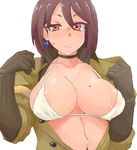  areola_slip areolae bikini breasts brown_hair cleavage earrings gloves heart heart_earrings highres jewelry large_breasts minakami_(flyingman555) navel open_clothes red_eyes short_hair simple_background solo sweatdrop swimsuit the_king_of_fighters whip_(kof) white_background white_bikini 
