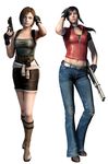  3d brown_hair claire_redfield denim jeans jill_valentine multiple_girls pants resident_evil simple_background skirt tube_top tubetop vest 