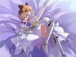  :3 ahoge armor armored_dress artoria_pendragon_(all) bare_shoulders blonde_hair bow detached_sleeves dress excalibur fate/stay_night fate/unlimited_codes fate_(series) flower gauntlets green_eyes hair_bow hair_ribbon lily_(flower) long_hair ponytail ribbon saber saber_lily solo sword weapon zanjuan 