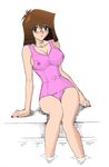 1girl blue_eyes blush breasts brown_hair colored derivative_work feet_in_water female hige_ani large_breasts legs looking_at_viewer mazaki_anzu nail_polish pink_swimsuit red_nails simple_background sitting soaking_feet solo swimsuit thighs water wet yu-gi-oh! yuu-gi-ou_duel_monsters 