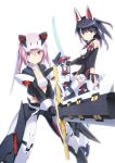  2girls agatsuma_kaede alice_gear_aegis black_eyes black_hair elbow_gloves gloves headgear highres hirasaka_yotsuyu katana long_hair looking_at_viewer mecha_musume midriff multiple_girls official_art pink_hair purple_eyes shimada_fumikane sword weapon white_background 