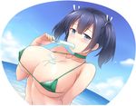  bikini breasts covered_nipples food kantai_collection large_breasts melting micro_bikini popsicle sama_samasa sexually_suggestive short_hair solo souryuu_(kantai_collection) swimsuit twintails 