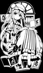  book bun_cover greyscale hat long_hair mikan_(bananoha) mob_cap monochrome patchouli_knowledge sitting solo touhou very_long_hair 