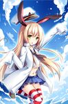  admiral_(kantai_collection) admiral_(kantai_collection)_(cosplay) animal_ears blonde_hair borrowed_garments bunny_ears cosplay day hat hetuluoshu jacket kantai_collection long_hair midriff open_clothes open_jacket open_mouth shimakaze_(kantai_collection) skirt sky sleeves_past_wrists solo striped striped_legwear thighhighs water yellow_eyes 