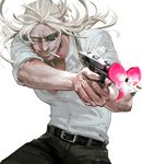  :d ao666 beard belt blonde_hair blue_eyes bullet cigarette cowboy_shot eyepatch facial_hair firing gangsta gun handgun heart long_hair lowres male_focus open_mouth pants pistol shirt simple_background smile smoking solo weapon white_background white_shirt worick_arcangelo 