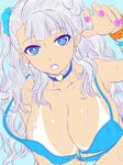  asymmetrical_hair bikini bikini_tan blue_background blue_eyes blush bracelet breasts choker cleavage collarbone commentary_request dark_skin earrings eyeliner galko heart highres inanaki_shiki jewelry large_breasts leaning_forward long_hair looking_at_viewer makeup nail_polish official_style oshiete!_galko-chan scrunchie side_bun solo strap_slip swimsuit tan tanline two_side_up wardrobe_malfunction 