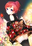  black_legwear blush bow candy_apple character_name floral_print food frilled_legwear hair_bun hair_up japanese_clothes kimono looking_at_viewer looking_back love_live! love_live!_school_idol_project nishikino_maki purple_eyes red_hair short_hair short_kimono shoulder_cutout smile solo striped striped_bow thighhighs wide_sleeves yadapot 