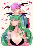  animal_print bat_print breasts bridal_gauntlets crossed_arms demon_girl ekubo_(ciaobero) elbow_gloves flat_chest gloves green_eyes green_hair head_wings large_breasts leaning_on_person lilith_aensland long_hair morrigan_aensland multiple_girls on_head pink_eyes print_legwear purple_hair short_hair succubus vampire_(game) 