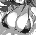  bikini breasts choker cleavage close-up covered_nipples greyscale large_breasts long_hair monochrome naruse_mio ookuma_(nitroplus) open_mouth shinmai_maou_no_testament smile solo swimsuit towel 