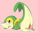  2015 animal_genitalia blush cloaca cum cum_on_penis doneru erection ineffective_censorship looking_at_viewer looking_back lying male nintendo on_front penis pink_background pok&eacute;mon raised_tail scalie simple_background snivy solo tapering_penis tears video_games 