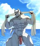  abs anthro balls biceps big_muscles black_hair black_nose canine censored facial_hair fur hair humanoid_penis male mammal muscles nipples pecs penis red_eyes scar smile solo standing toned towel water white_fur white_hair 阿狼 