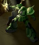  firing gm_(mobile_suit) gun gundam mecha mobile_suit_gundam no_humans shield solo weapon zaku zaku_ii 