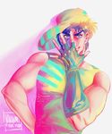  &gt;:) arm_behind_back artist_name blue_hair colorful derivative_work fingerless_gloves gloves green_eyes hair_ornament hat johannathemad jojo_no_kimyou_na_bouken jojo_pose jonathan_joestar looking_at_viewer male_focus muscle outstretched_hand phantom_blood pose sideways_hat single_glove sleeveless smile solo star star_hair_ornament tank_top upper_body v-shaped_eyebrows 