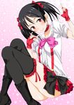  \m/ arsenal black_hair black_legwear blush bokura_wa_ima_no_naka_de boots bow cross-laced_footwear earrings fingerless_gloves floral_background frills gloves hair_ribbon highres jewelry long_hair looking_at_viewer love_live! love_live!_school_idol_project miniskirt red_eyes ribbon skirt smile solo thighhighs twintails yazawa_nico 