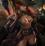  belt blue_eyes braid breastless_clothes breasts breasts_outside clitoris cropped_legs dual_wielding elbow_gloves gloves gradient gradient_background gun hand_up hat highres holding holding_weapon league_of_legends lips long_hair looking_at_viewer nipples no_bra no_panties no_pants nude puffy_short_sleeves puffy_sleeves pussy red_hair sarah_fortune short_sleeves single_braid sky solo thighhighs uncensored weapon 