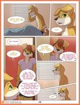  2015 anthro bed blush canine clothed clothing comic dog duo eyes_closed female floppy_ears freckles fur gasp golden_retriever green_eyes half-dressed joel_mustard lying male mammal mother on_bed parent smile solo_focus topless under_covers underwear young zeta-haru 