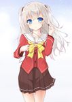  blue_eyes charlotte_(anime) digital_media_player earbuds earphones long_hair mokichi812 school_uniform serafuku silver_hair single_earphone_removed skirt solo tomori_nao two_side_up 