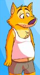  2015 belly blue_background camcartoonfanatic canine chubby clothed clothing fox fur male mammal overweight simple_background 