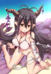  bandages bikini black_hair blush breasts cleavage crystal danua draph granblue_fantasy horn_ornament horns large_breasts long_hair looking_at_viewer pointy_ears red_eyes satomura_kyou sitting solo swimsuit wariza 