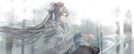  character_request chinese_clothes facial_mark floating_hair folie_(cac82622) forehead_mark grey_eyes grey_hair guzheng hair_tie hanfu highres instrument leaf long_hair male_focus multiple_tails music outstretched_arm pili_budaixi playing_instrument robe solo tail tiara very_long_hair wind 