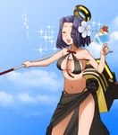  bikini blush closed_eyes commentary_request cup drink drinking_glass drinking_straw flower glaive hair_flower hair_ornament jpeg_artifacts kantai_collection mechanical_halo open_mouth purple_hair short_hair smile solo swimsuit tatsuta_(kantai_collection) translation_request tsurusaki_yuu 