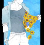  arm_at_side blonde_hair bracelet caesar_anthonio_zeppeli closed_mouth clothes_grab collarbone facial_mark falling fingerless_gloves flower gloves jacket jewelry jojo_no_kimyou_na_bouken kock_k male_focus open_clothes open_jacket outside_border pants partially_colored petals pillarboxed profile short_sleeves solo sunflower 