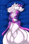  2015 amber_(frosticus) anthro bed breasts canine clothing female fox fur hair hand_behind_head japanese_clothing kimono long_hair looking_at_viewer lying mammal multiple_tails nightfaux on_back pose red_eyes robe seductive solo undressing white_fur white_hair wide_hips 