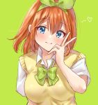  1girl bangs blue_eyes blush bow bowtie collared_shirt go-toubun_no_hanayome green_background green_neckwear green_ribbon hair_ribbon hand_on_own_cheek heart looking_at_viewer minori_748 nakano_yotsuba orange_hair plaid_neckwear ribbon shirt short_hair simple_background smile solo sweater_vest upper_body v white_shirt 