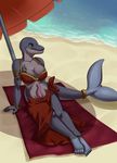  2015 anthro beach blithedragon breasts cetacean cleavage clothed clothing dickgirl dolphin grey_skin intersex mammal marine penis sand sea seaside sitting solo tail_ring tapering_penis tattoo umbrella water 