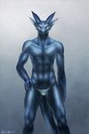  2015 abs abstract_background anthro bulge clothing dragon equus hand_on_hip horn looking_at_viewer male muscles red_eyes simple_background solo thong underwear 